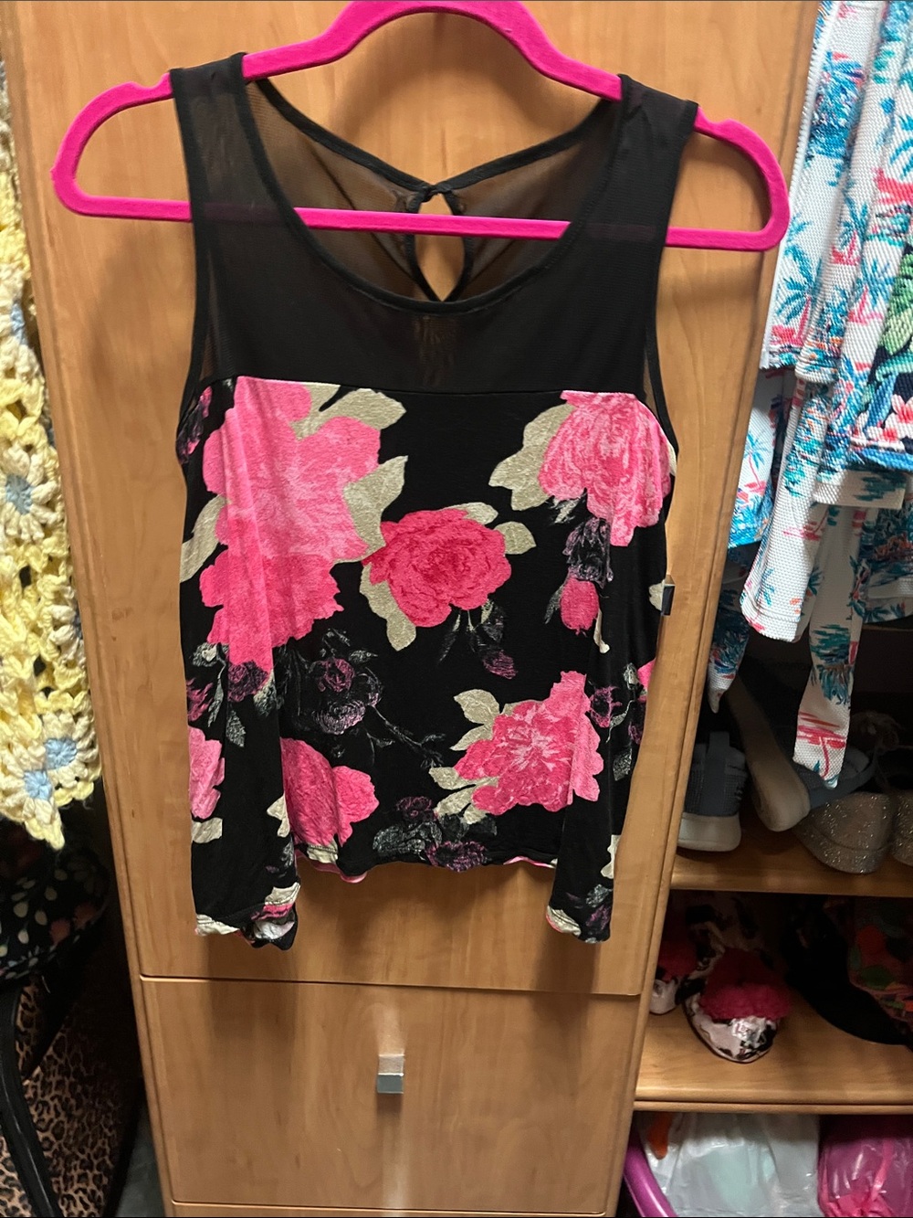 INC. Black Floral Mesh Yoke Tank Top - Pink Rose Print